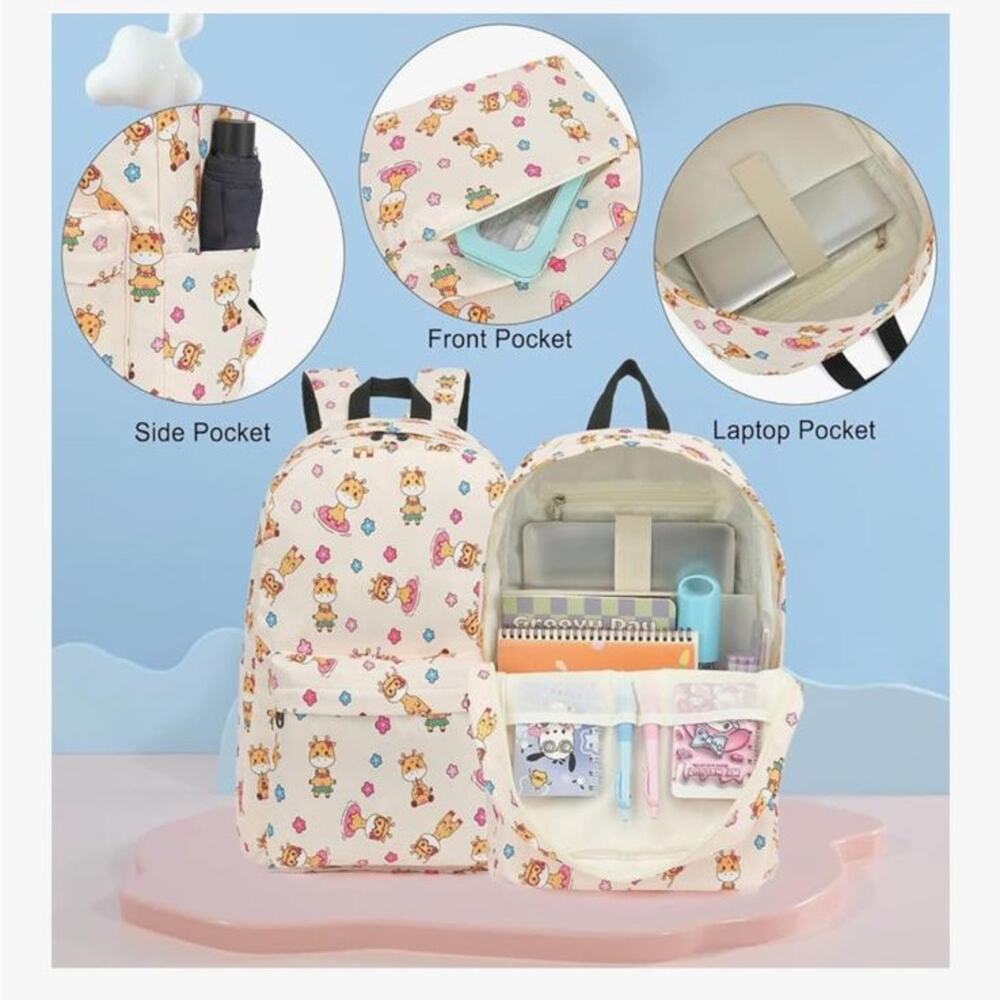 NWOT Giraffe School Backpack Girls, 3Pcs Waterproof Lunch bag pencil case - Picture 3 of 13